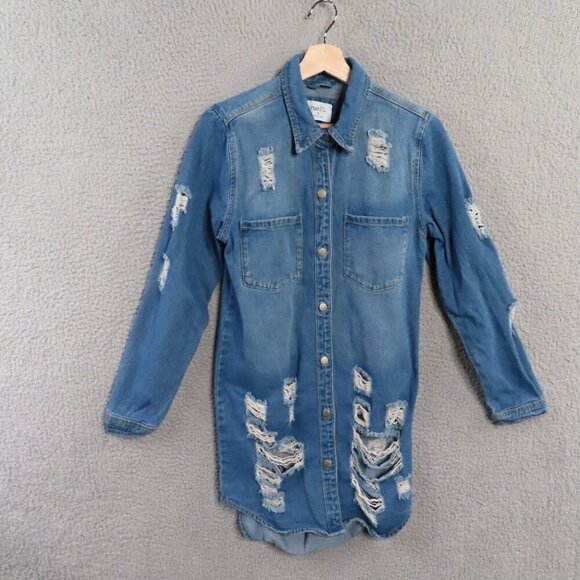 Rue 21 Denim Jean Dress Small Y2K Distressed Ripped Grunge Long Sleeve Rue21 - Picture 1 of 12
